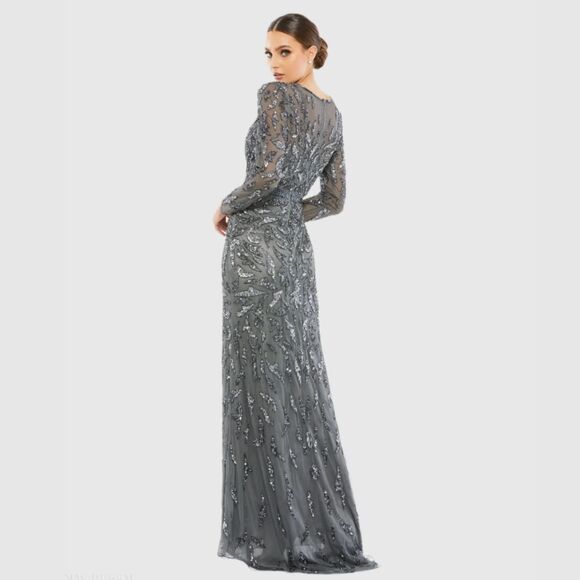 Mac Duggal 5124 Size 4 Charcoal Gray Beaded Long Sleeve Evening Gown Maxi Dress - Picture 7 of 7